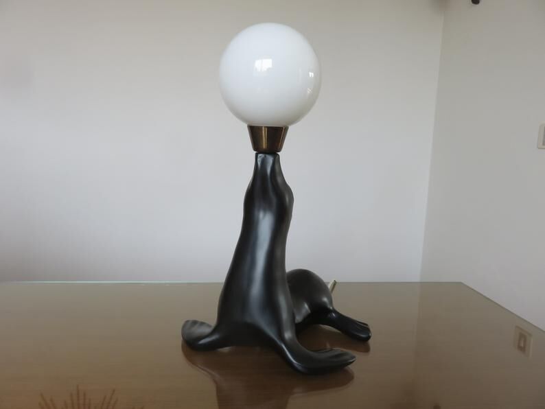 Lamp " black sea lion " white opaline ball 70s