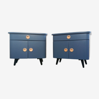 Pair of bedside relooked vintage blue and black