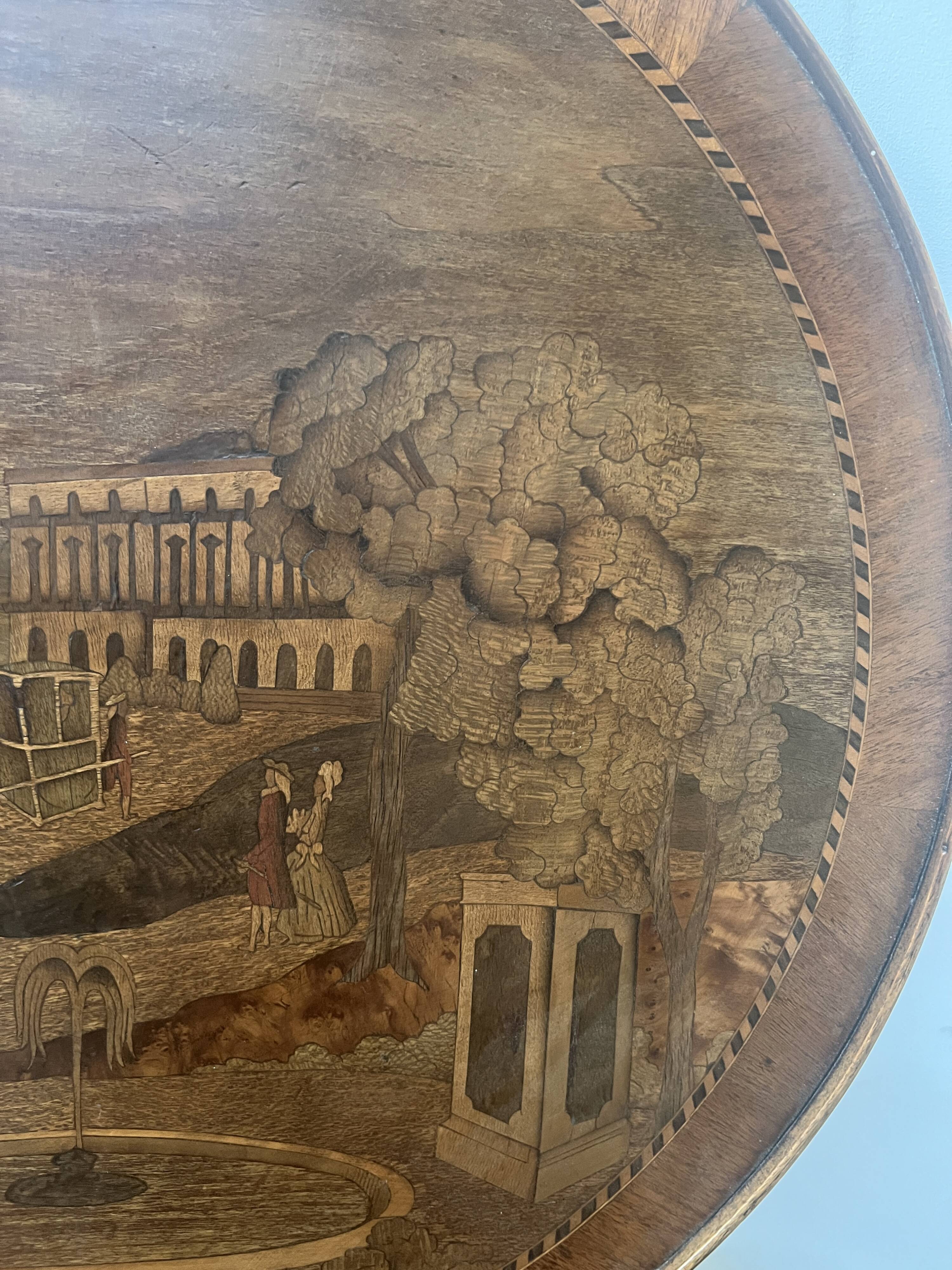 Louis XVI style marquetry pedestal table with removable top, 20th century