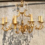 Lustre à pampilles 9 feux monumental en bronze doré et cristal suspension