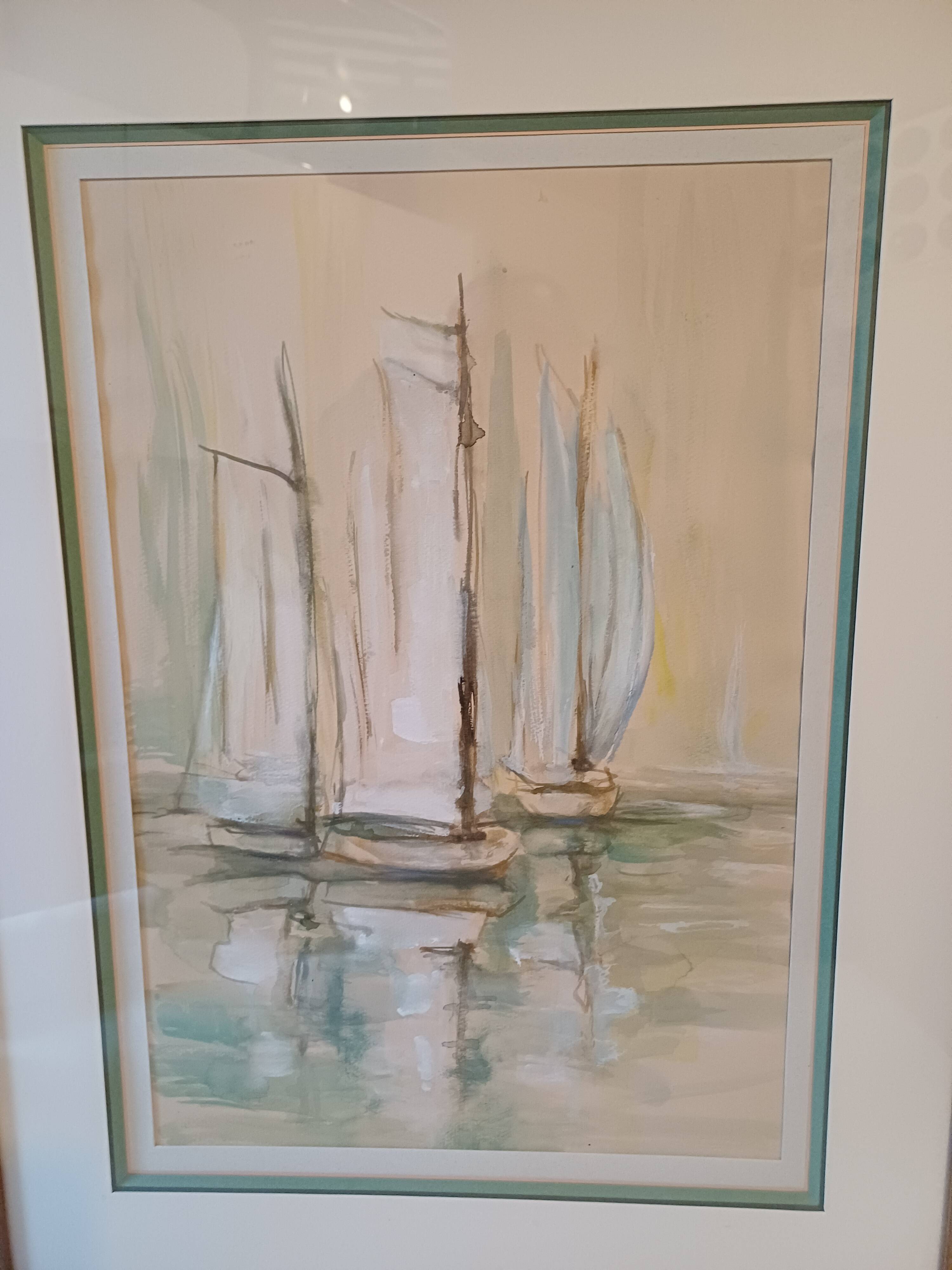 Marine Watercolor with 3 Boats