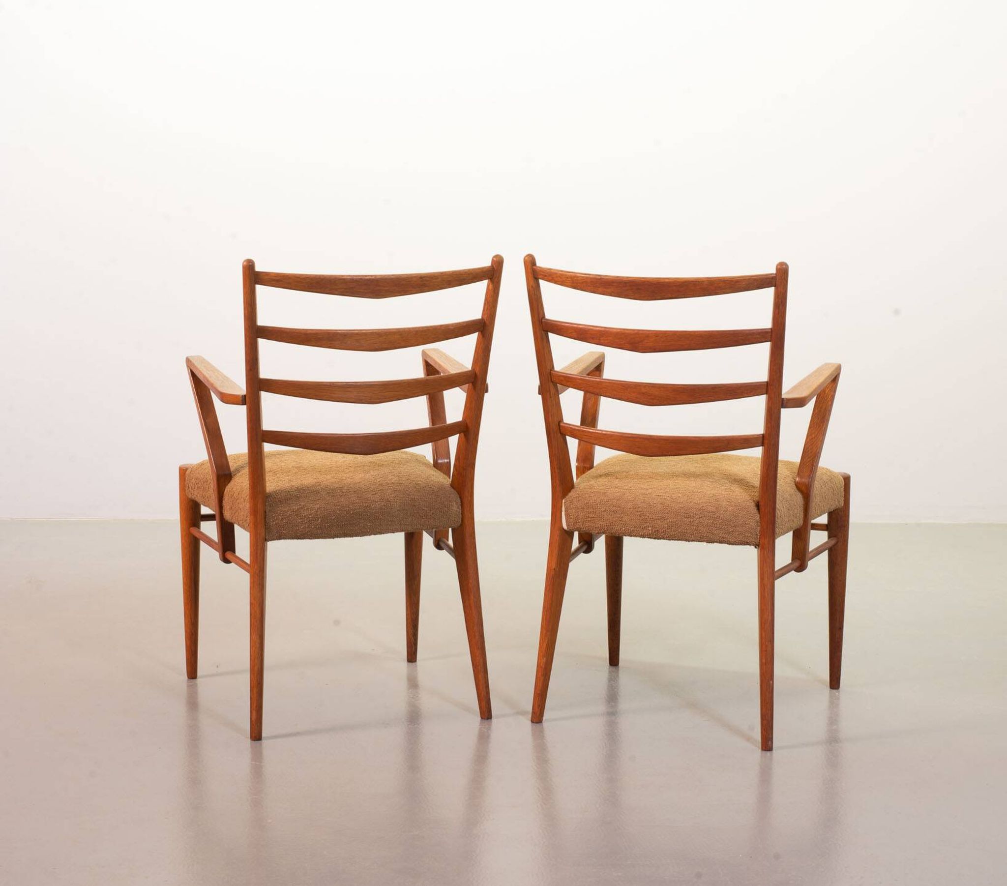 Cees Braakman Dutch Design Wooden Ladder Arm Chairs & Caramel Bouclé Fabric