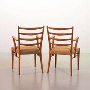 Cees Braakman Dutch Design Wooden Ladder Arm Chairs & Caramel Bouclé Fabric