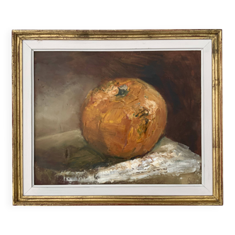 Nature morte vintage à la citrouille, peinture à l'huile sur toile signée