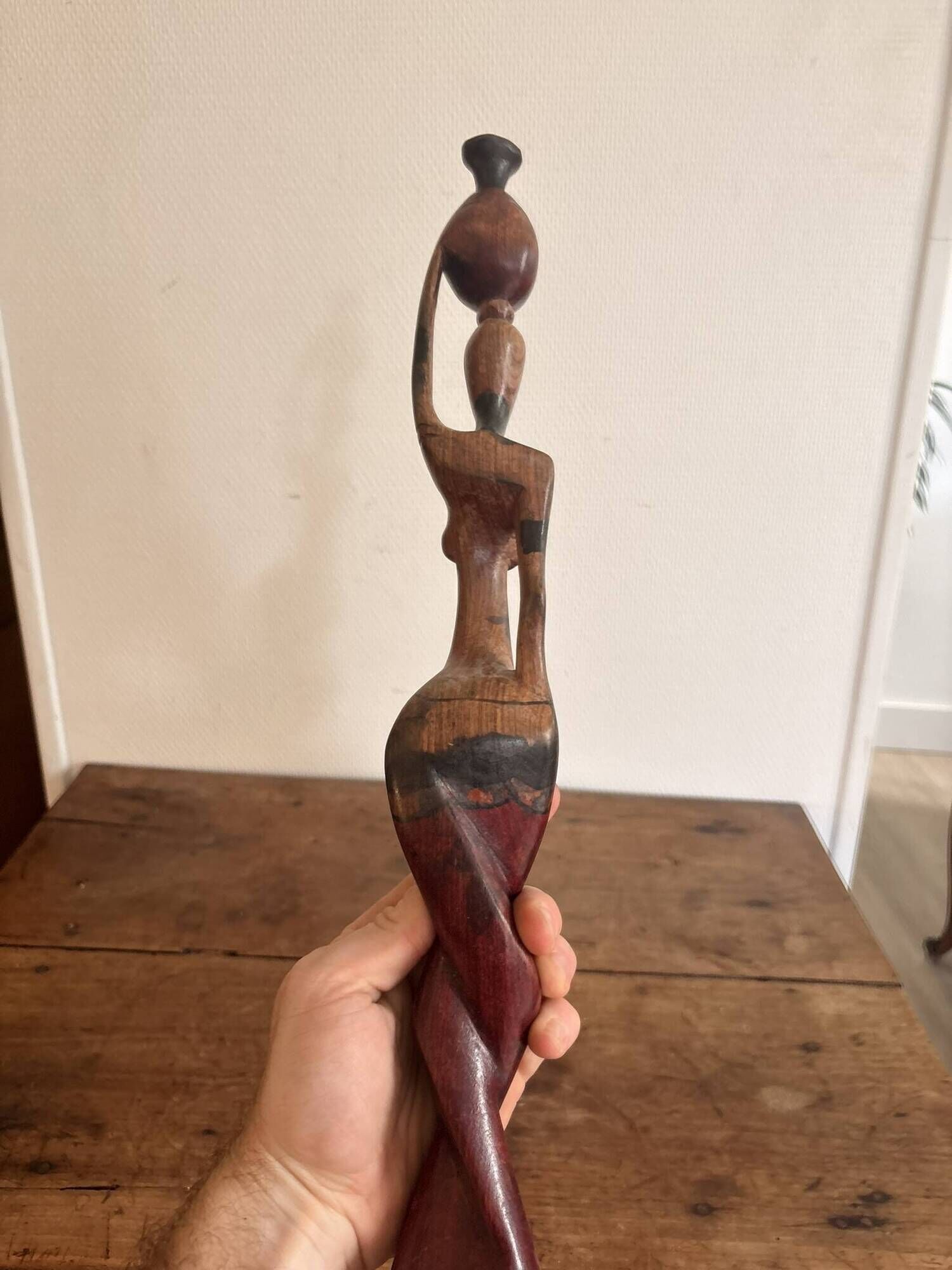 Sculpture Water Carrier Carved Exotic African Wood Curio Art Makonde