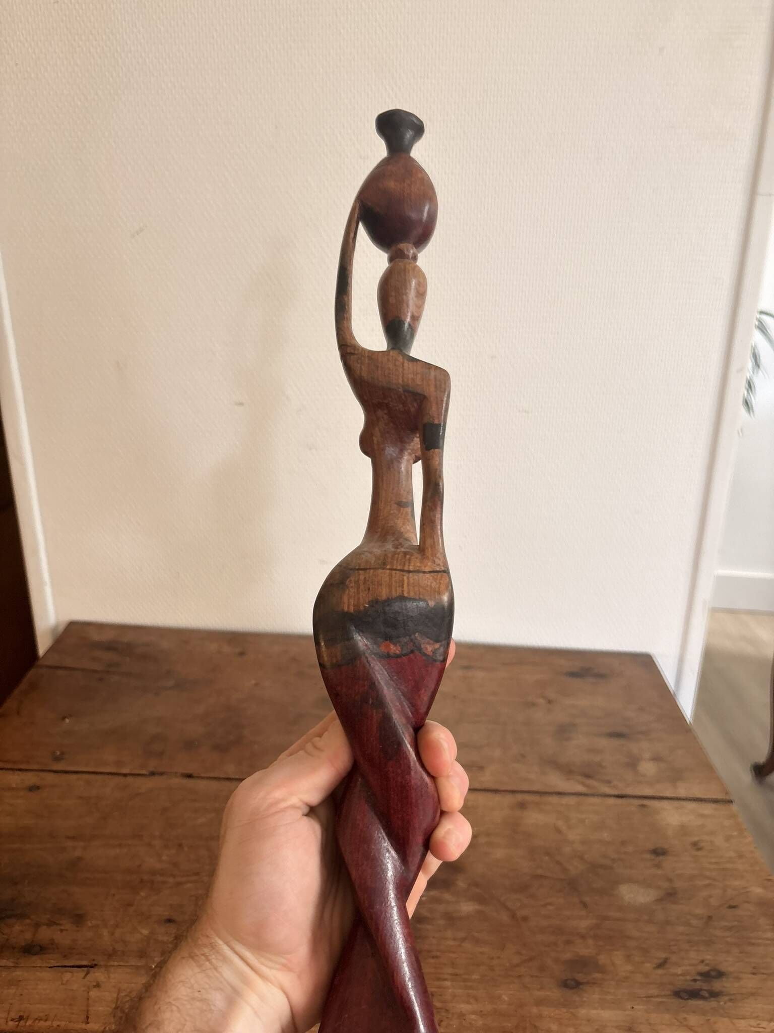 Sculpture Water Carrier Carved Exotic African Wood Curio Art Makonde