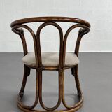 Round Oak Dining Table and Rattan Armchairs, Set of 5