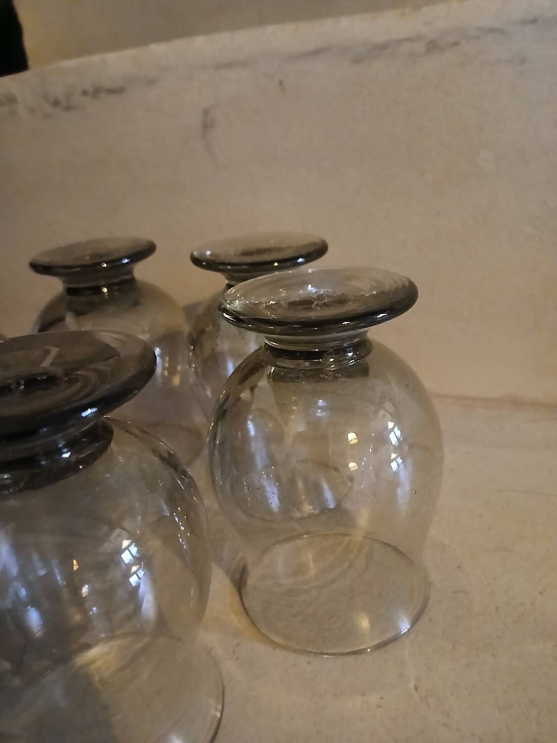 6 old smoked glasses with bubbles