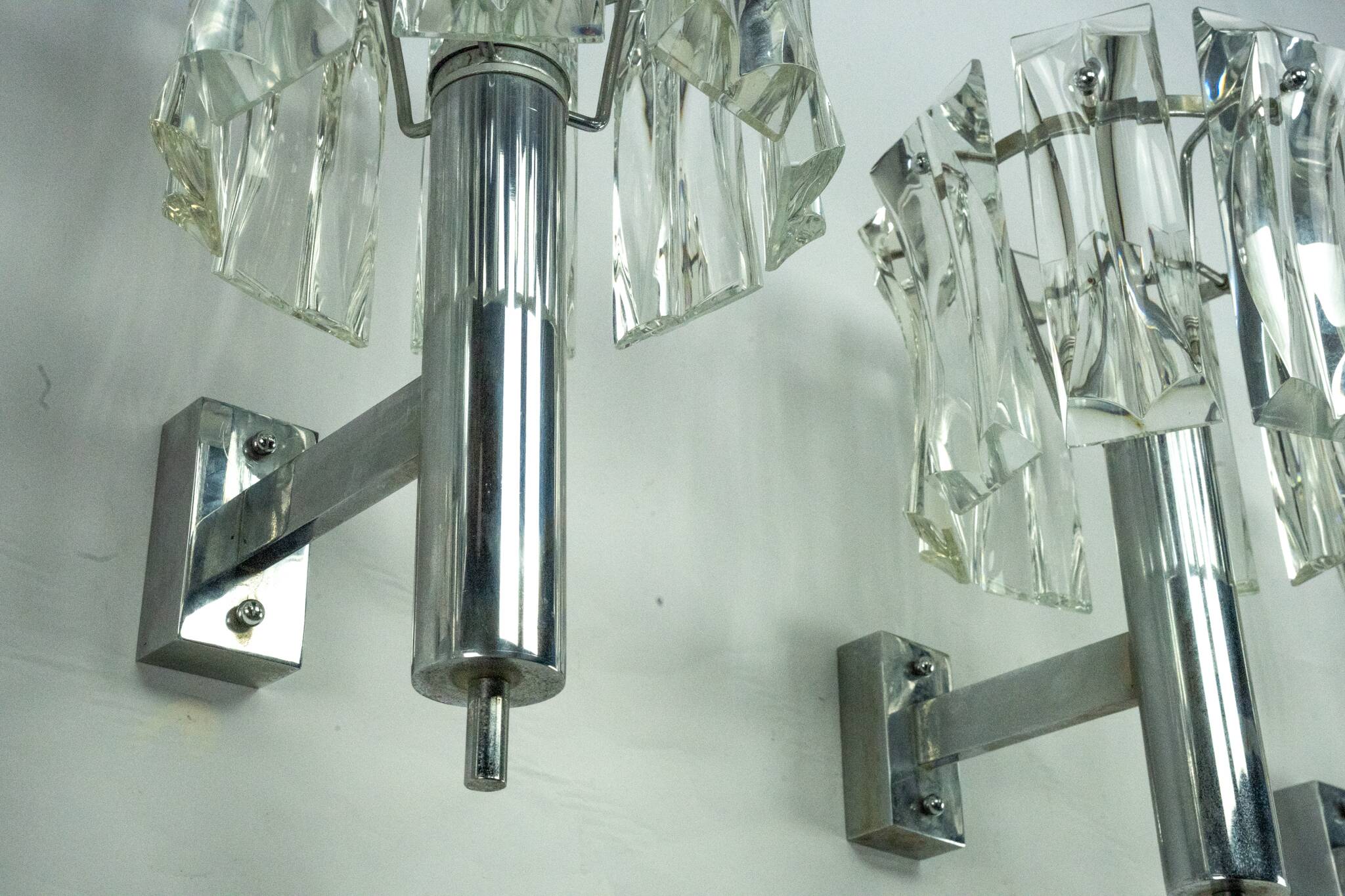Set of four large Murano glass elements and chromed brass sconces, Italy 60