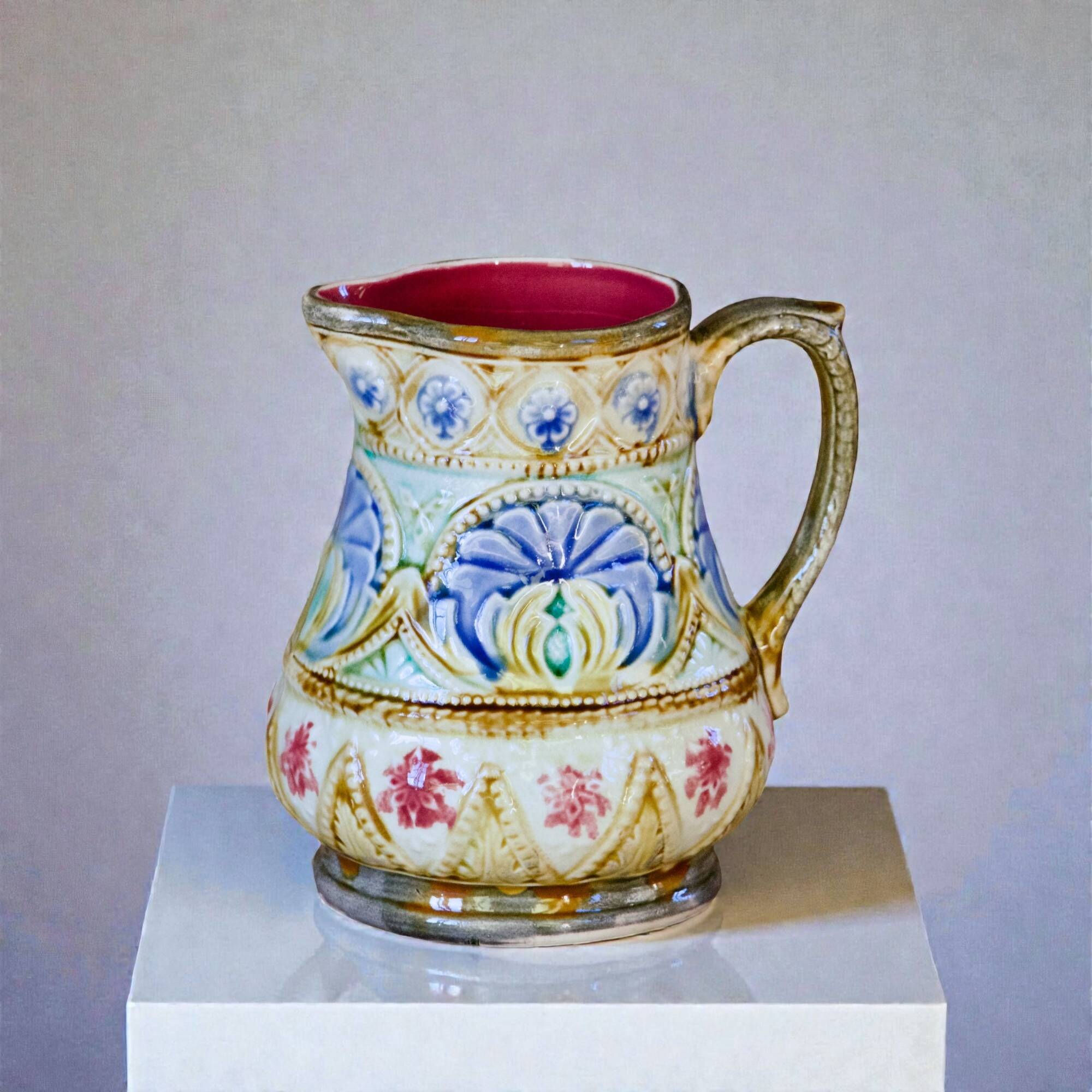 19th-century antique pitcher in polychrome majolica signed Nimy-les-Mons.