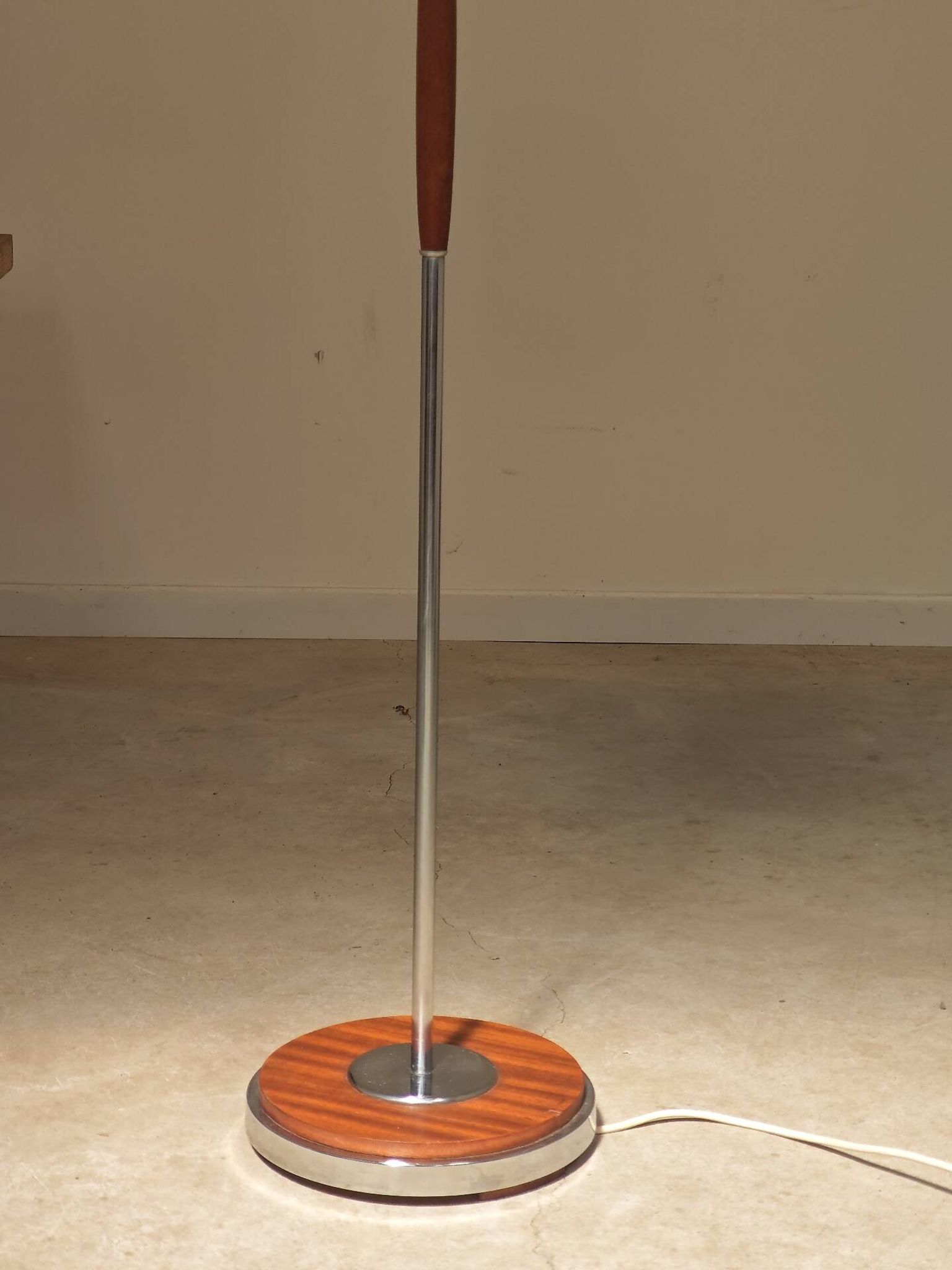 Modernist floor lamp in teak, chrome metal, opaline, Czechoslovakia 60s