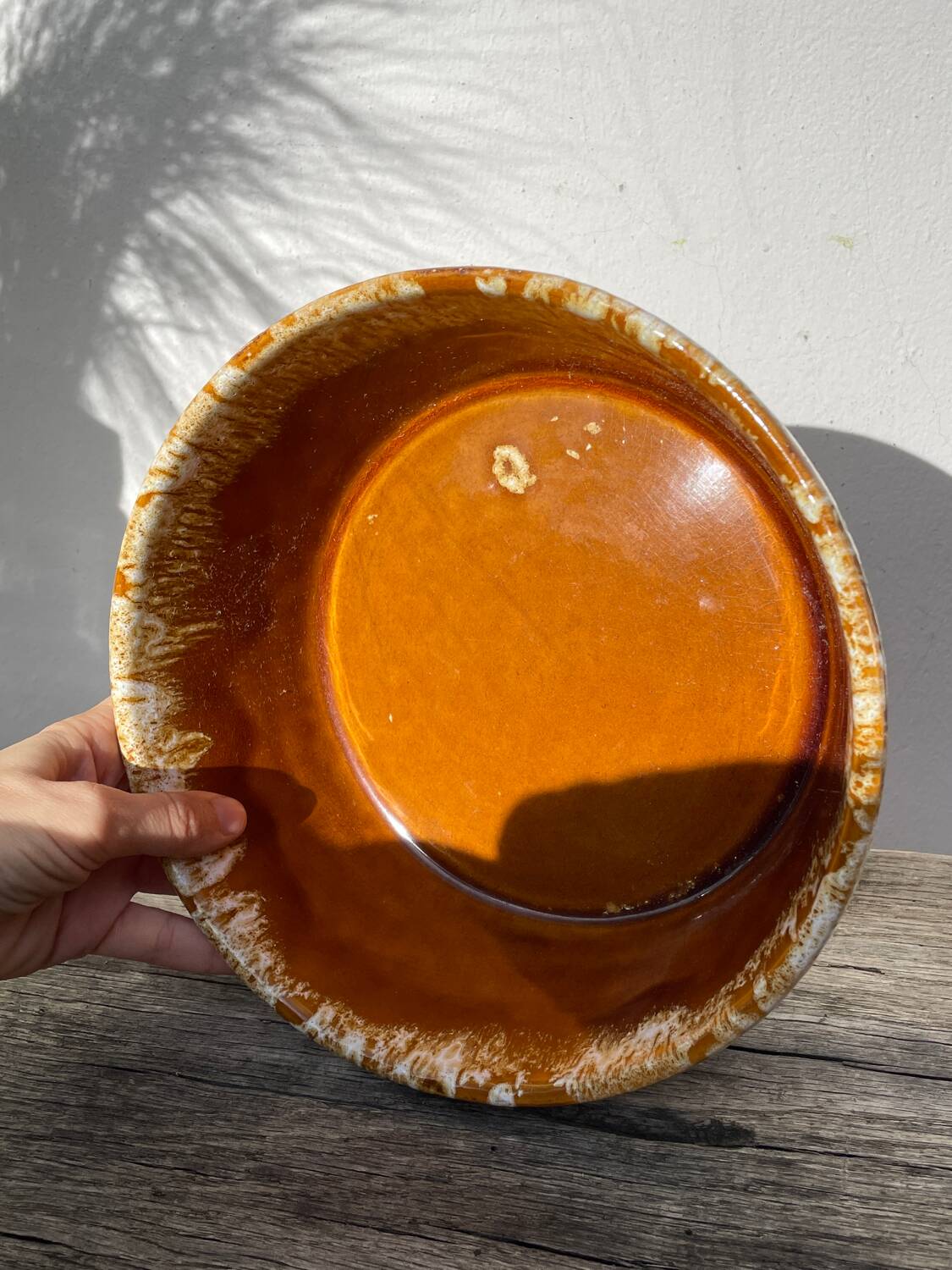 Ceramic salad bowl with beige drip glaze, 1970s pottery