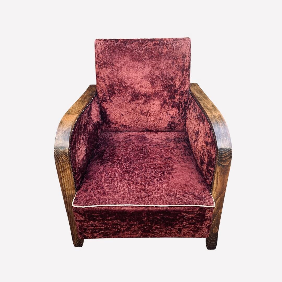 Pair of Art Deco club armchairs in burgundy red velvet, 1930s