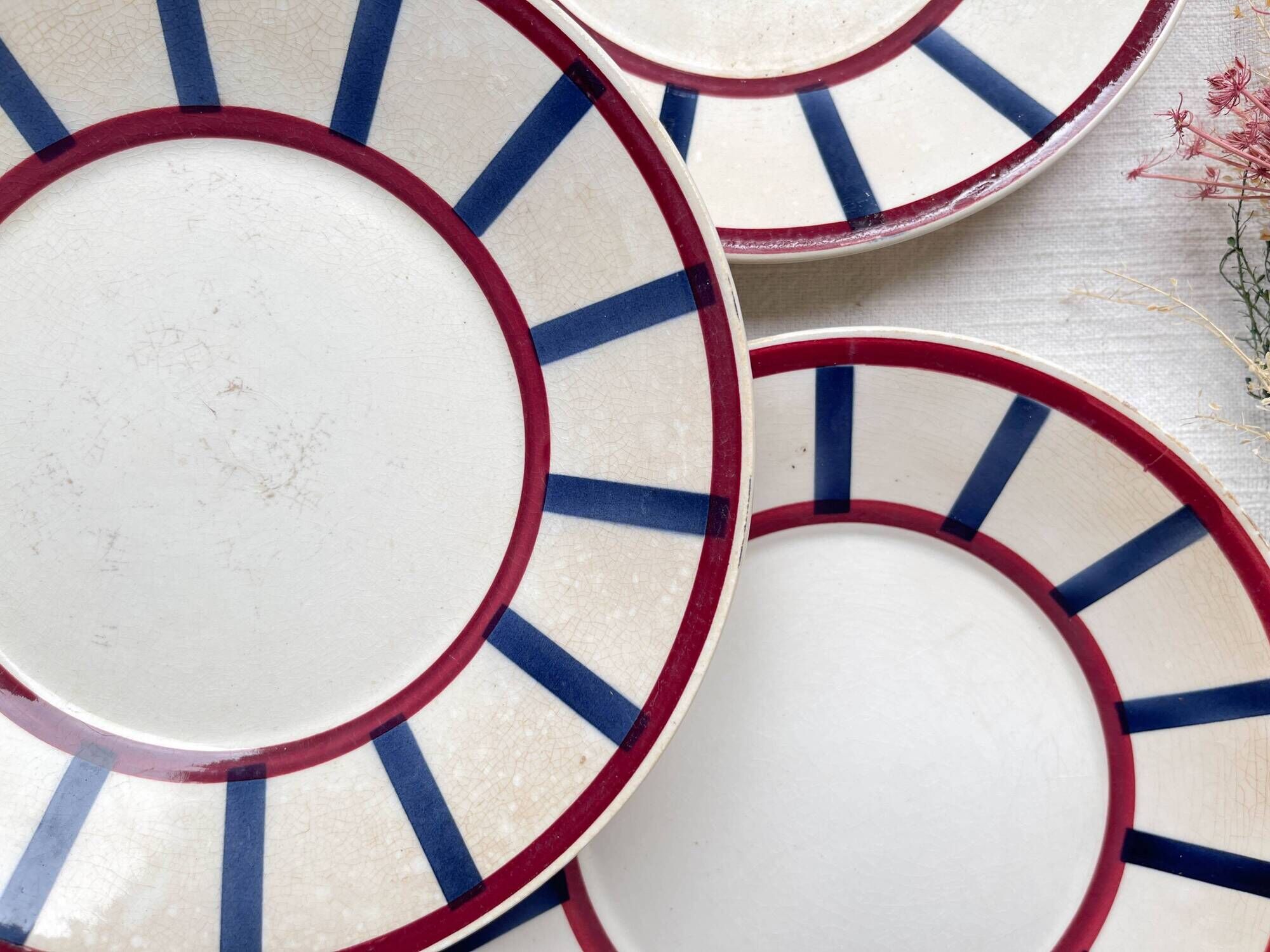 5 Small Vintage French Plates Terre de Fer HBCM Béarn blue and red stripes