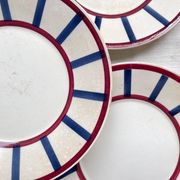 5 Small Vintage French Plates Terre de Fer HBCM Béarn blue and red stripes