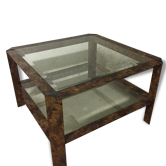 Table low imitation wood and glass, 70's
