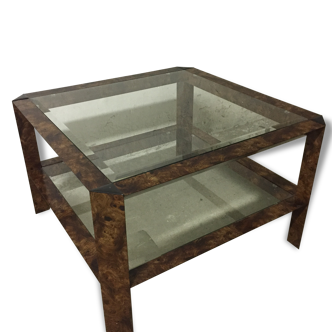 Table low imitation wood and glass, 70's