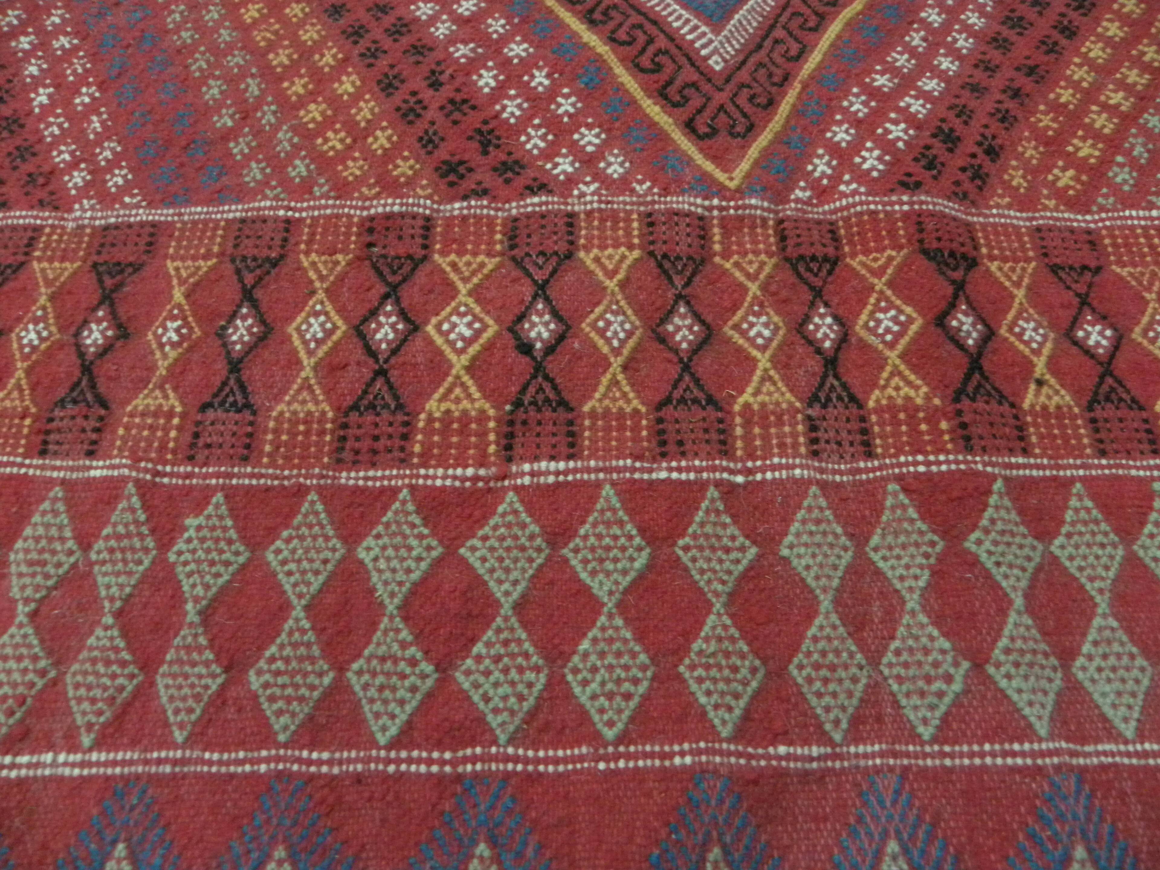 Vintage Tunisian Berber Nomadic Tribal Rug Old Red Diamond Pattern