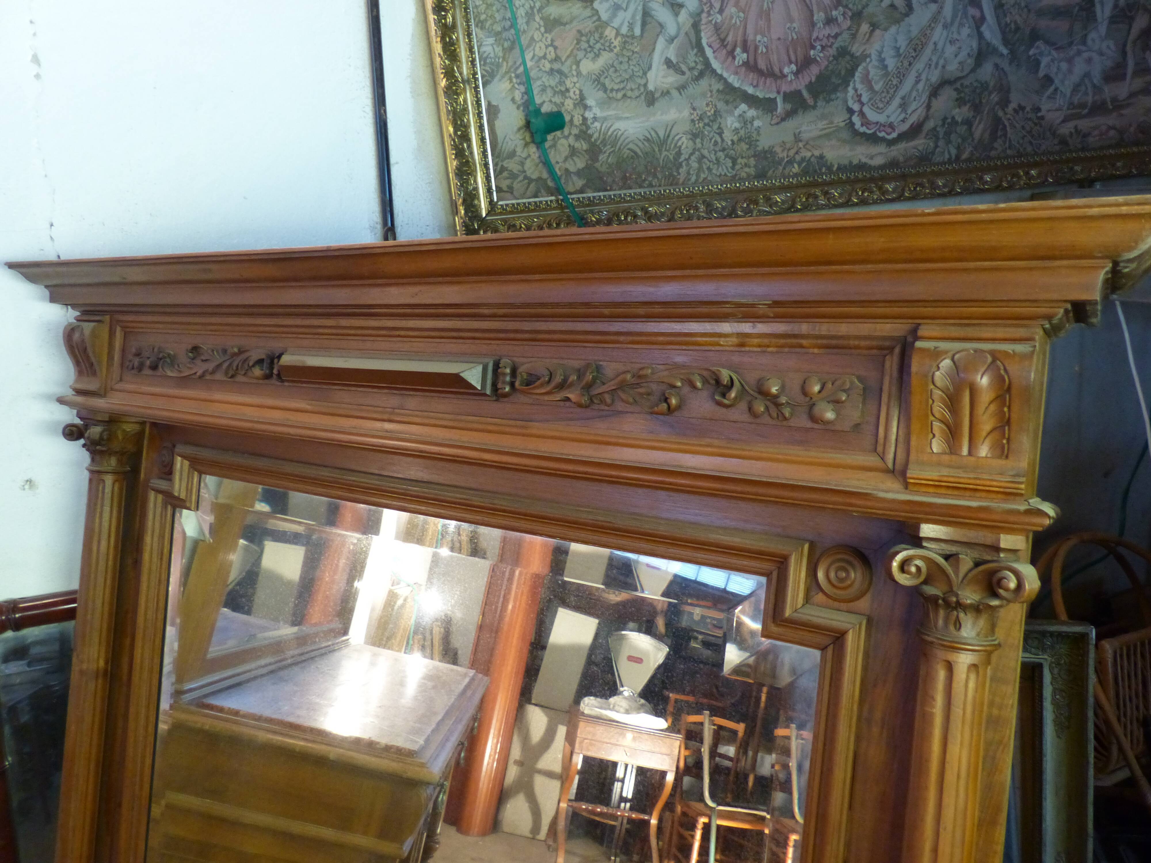 Old very large mirror Henri 2 wooden frame with columns beveled glass