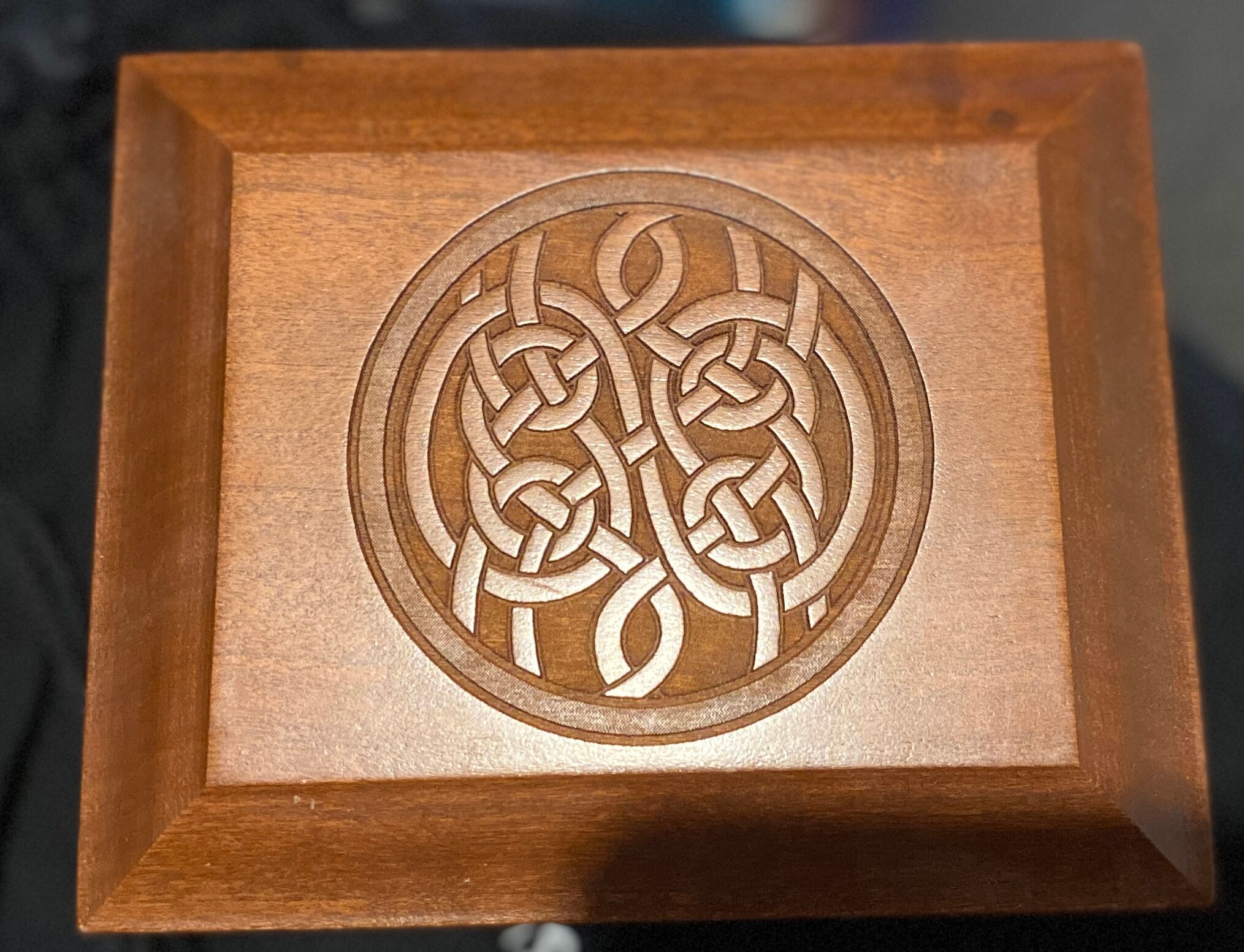 Wooden box carved with Celtic knots – American craftsmanship