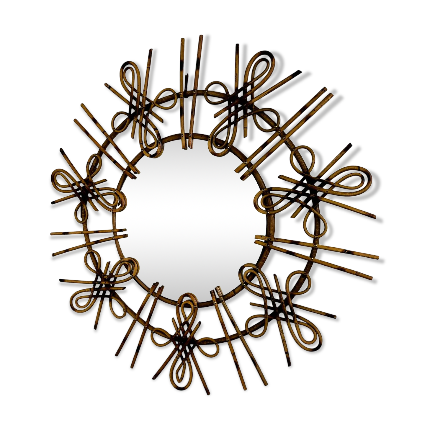 Rattan sunburst mirror with chinoiserie motif, Spain, 1950s