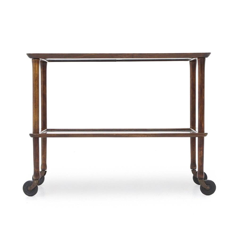 Wooden trolley with glass shelves, 1950s