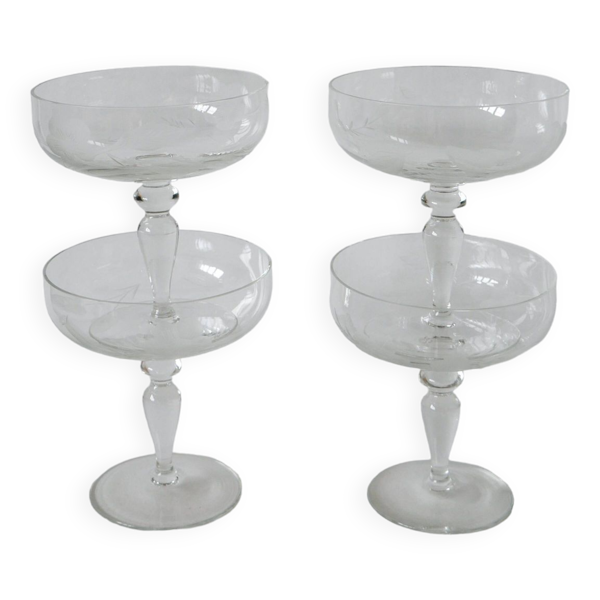 lot de 4 très grandes coupes à champagne en cristal gravé 1950 12 X 11 cm