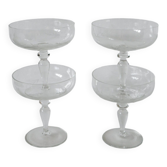 set of 4 very large champagne glasses in engraved crystal 1950 12 x 11 cm