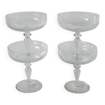 lot de 4 très grandes coupes à champagne en cristal gravé 1950 12 X 11 cm