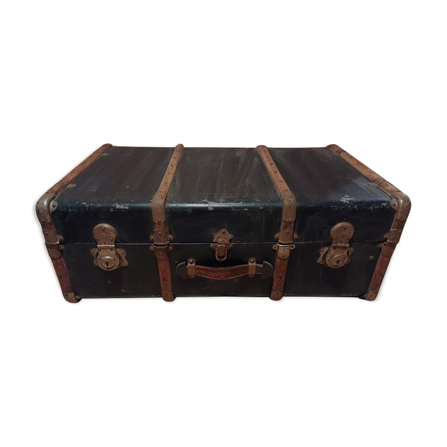 Old black wooden trunk with reinforcements