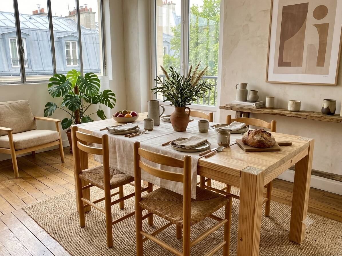 Table à manger rénovée en pin massif style scandinave brutaliste des années