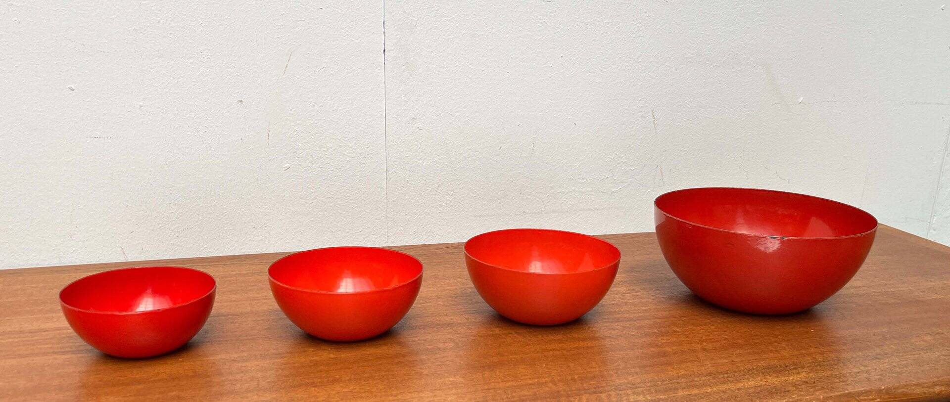 Modern mid-century red enamel bowl sets by Kaj Franck for Finel, Finland, 1960s, set of 4.