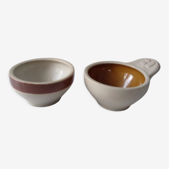 Set of two vintage French stoneware bowls, beige brown honey yellow tea bowl type