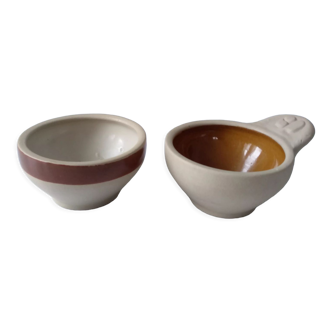 Set of two vintage French stoneware bowls, beige brown honey yellow tea bowl type