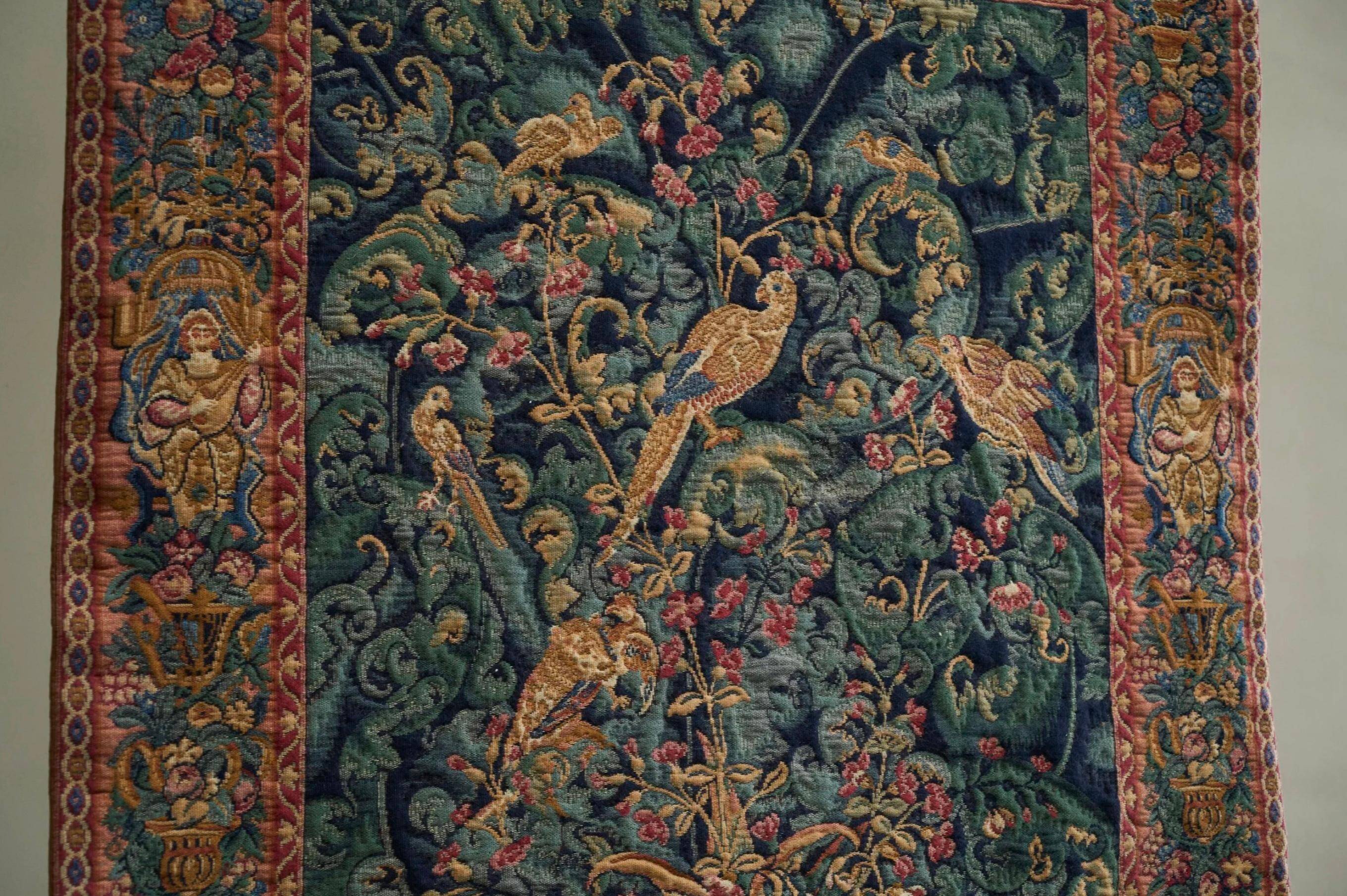 Mid Century wall tapestry with birds, animals, and leaves, Belgium 1960s.