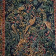 Mid Century wall tapestry with birds, animals, and leaves, Belgium 1960s.