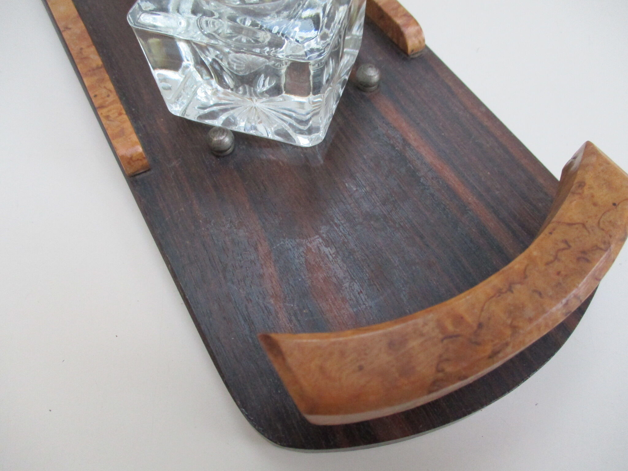 Wood inkwell and art deco glass