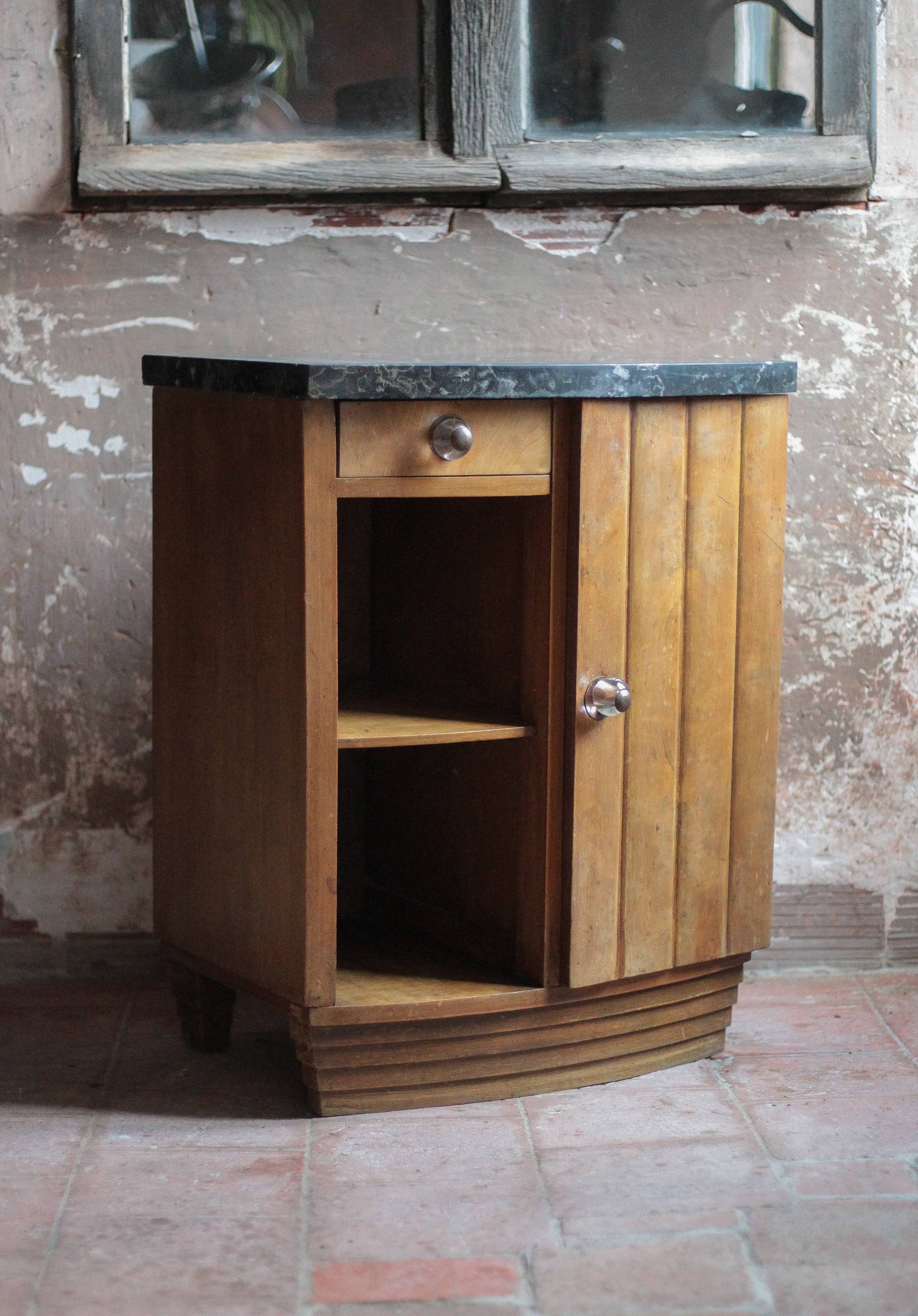 Art Deco nightstand, bedside table in wood and black marble, side table