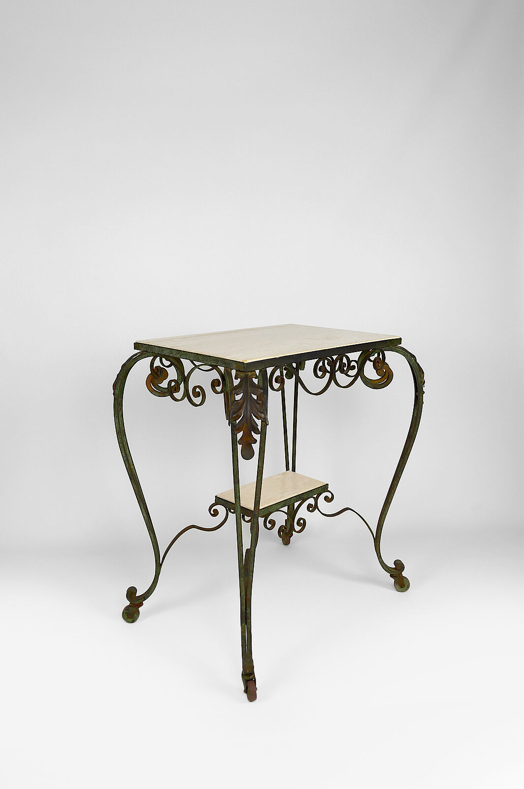 Art deco rolling service in wrought iron and travertine, france, 1940s