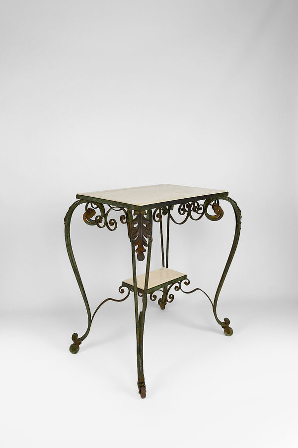 Desserte roulante art déco en fer forgé et travertin, france, 1940s