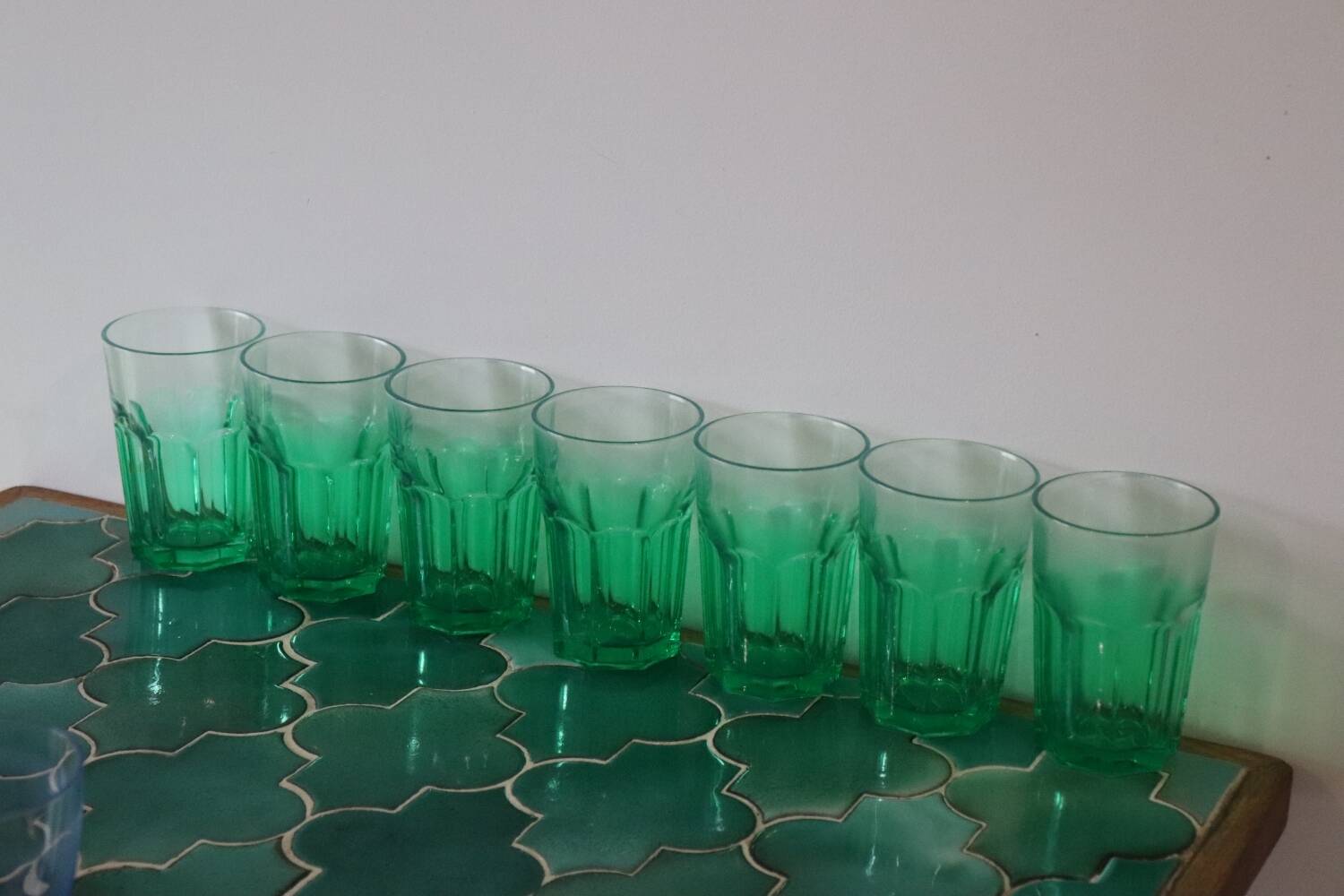 7 large vintage green water glasses