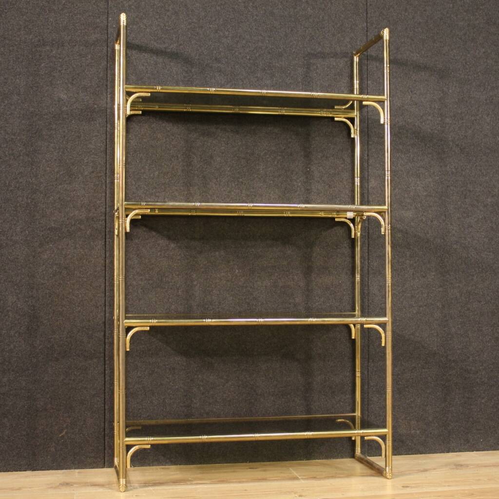 Italian Bookshelf In Golden Metal With Glass Shelves