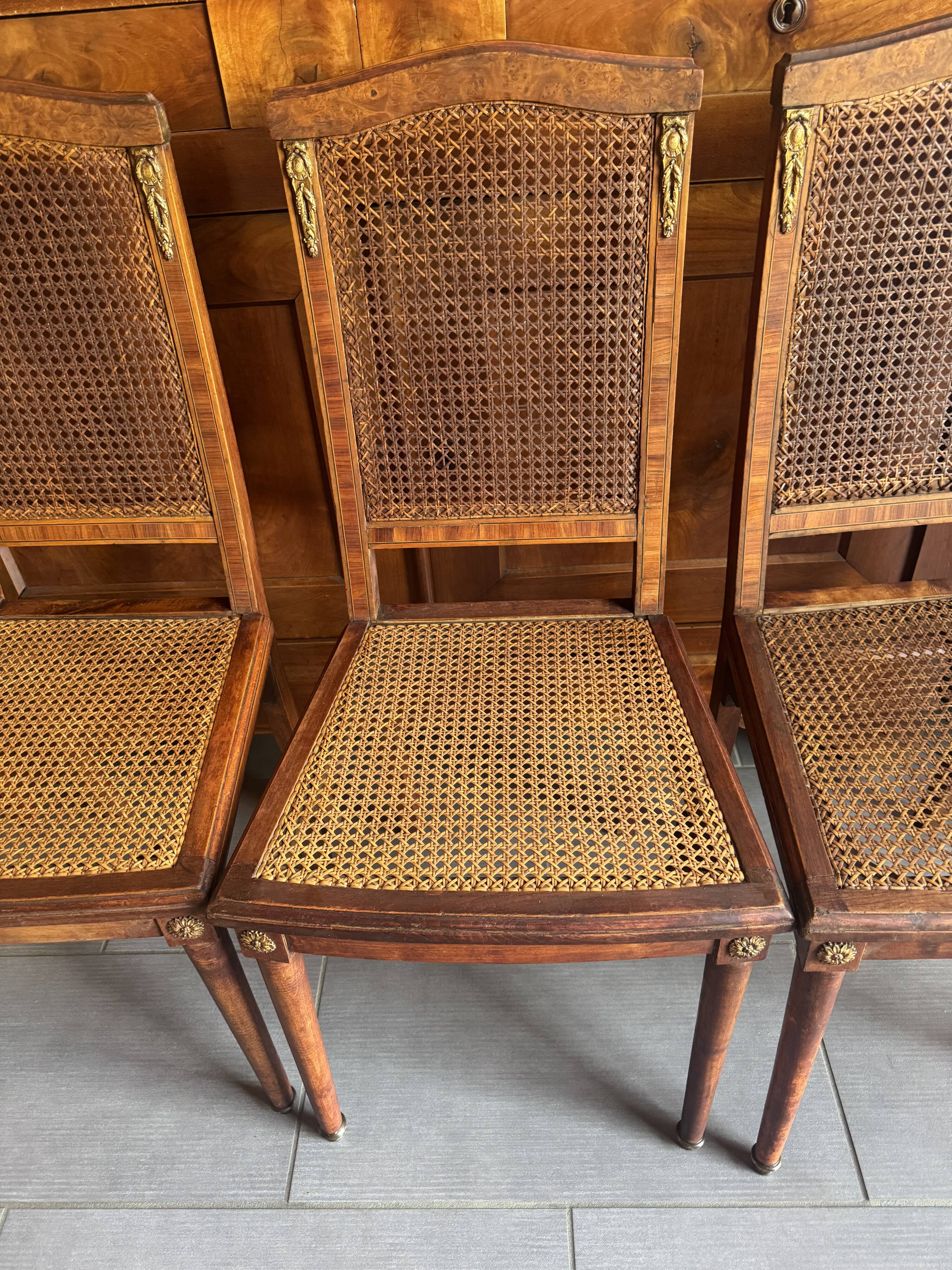 Set of four antique Louis XVI style chairs, wood and cane