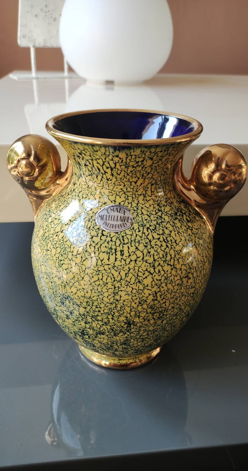 Crackle effect ball vase Signed FBA France In incorporated molecular enamels