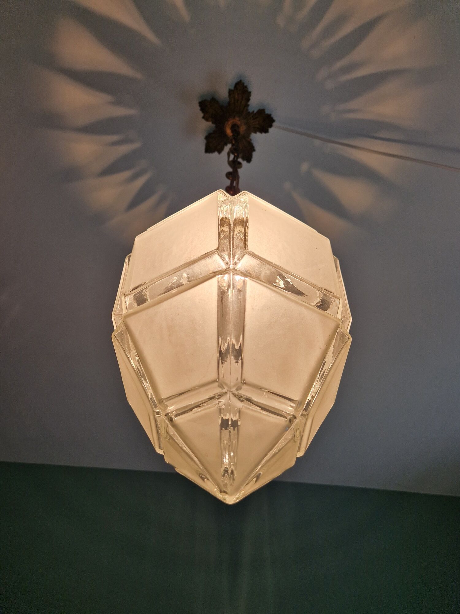 Art Deco pendant lamp in satin glass and bronze frame
