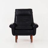 Fauteuil en cuir noir, design danois, années 1970, production : Danemark