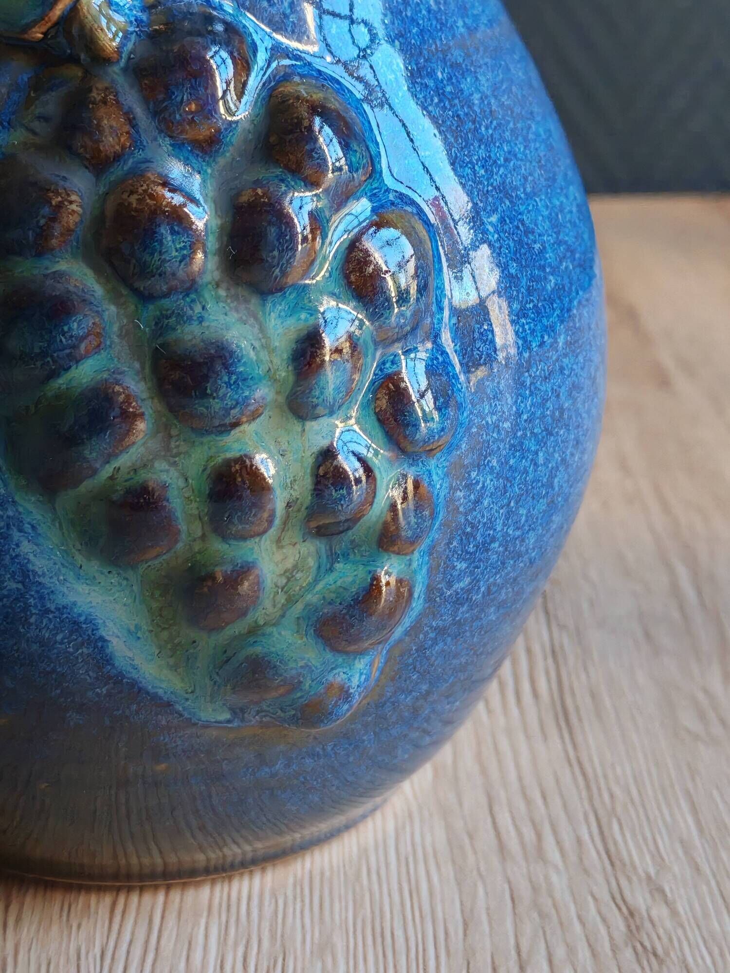 Vintage Blue Stoneware Jug with Grape Cluster Pattern, Ceramic Vase