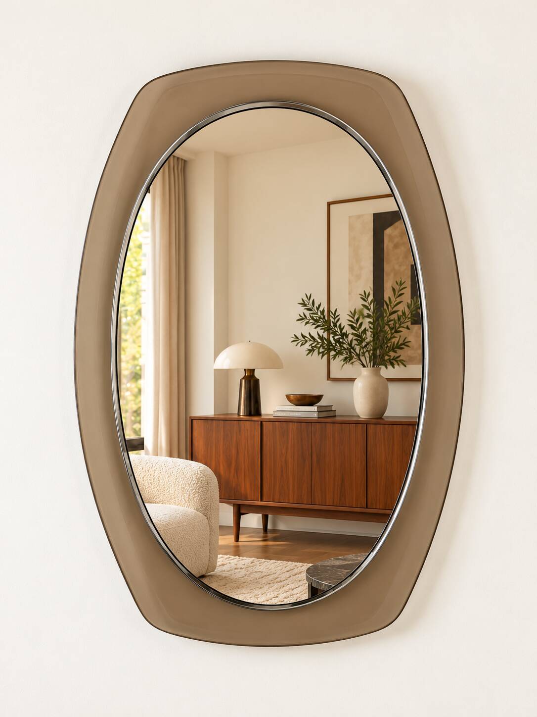 Vintage mirror with smoked glass frame from the 1970s.