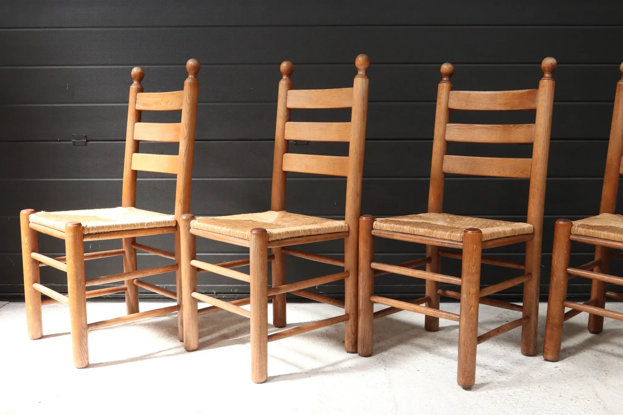Set of four French ladderback chairs with rush seats – circa 1960