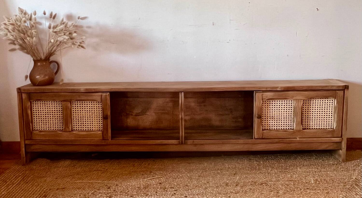 TV sideboard in raw solid oak and caning